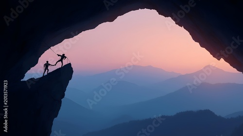 Two climbers scale a rocky cliff, silhouetted against a stunning sunset. The scene captures the thrill of adventure and the beauty of nature's landscapes.