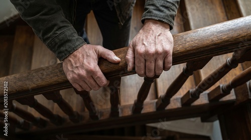 Close up of elderly hands gripping a wooden staircase railing for stability