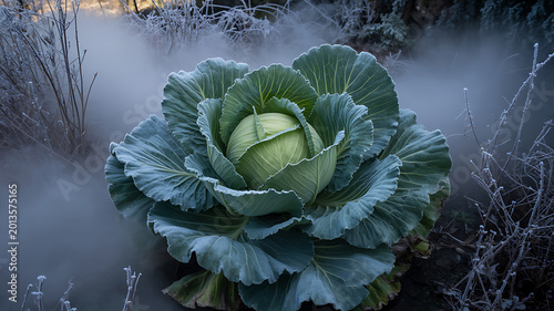 Frozen cabbage, frosty green vegetable, winter garden, icy fog