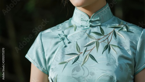 Close-up of a person wearing a light blue traditional embroidered dress with leaf patterns