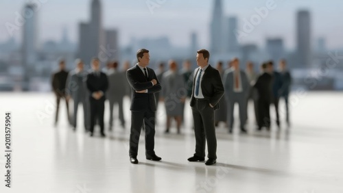 Two businessmen in suits conversing with a group of professionals in the background against a city skyline