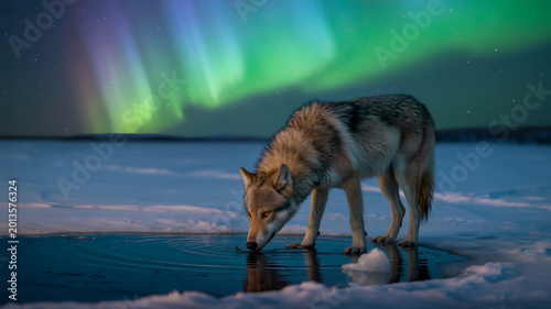 Wolf, aurora borealis, snowy landscape, wildlife scene