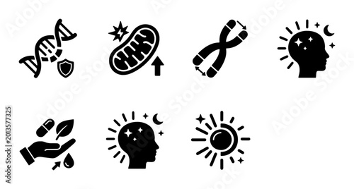 Bild auf Leinwand Science Icons Set: DNA, Mitochondria, Chromosomes, Brain, Health, Sun, Vector Gr