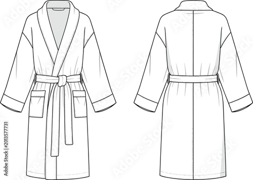 Foto Bathrobe technical sketch, front back view, shawl collar, long sleeve, belt loop