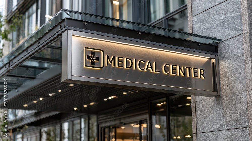Fototapeta premium Modern medical center sign in gold lettering on a sleek metal canopy, attached to a glass and stone building exterior.