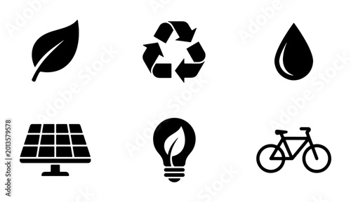 Eco-friendly Icons Set: Leaf, Recycle, Water Drop, Solar Panel, Lightbulb, Bicycle, Sustainable Living, Green Energy, Environmental Protection, Vector Graphics