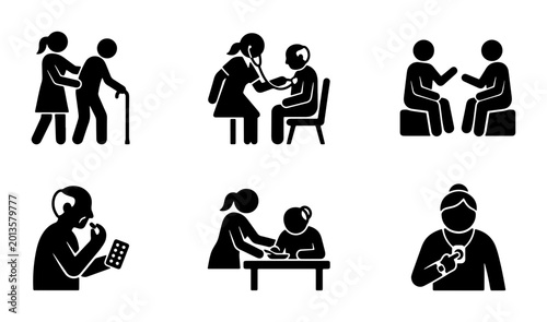 Healthcare Icons Set: Doctor Consultation, Patient Care, Senior Assistance, Medical Checkup, Pharmaceutical Treatment, Health Services