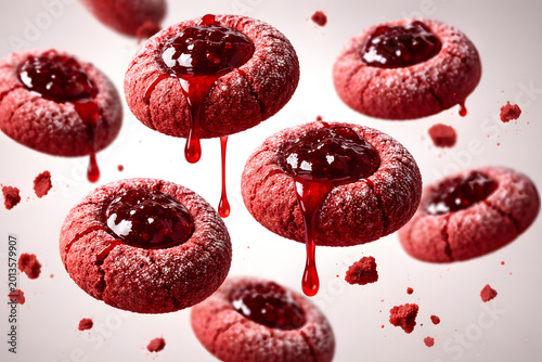 Photographer captures floating red velvet thumbprint cookies with dripping jam filling in controlled studio freeze motion scene