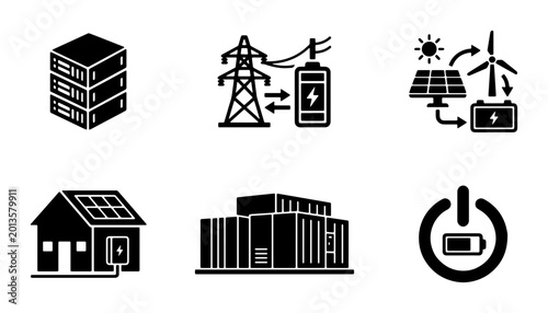Renewable Energy Icons Set, Sustainable Power Solutions, Green Technology Graphics, Solar, Wind, Battery Storage, Grid Connection, Eco-Friendly Home, Data Center Power