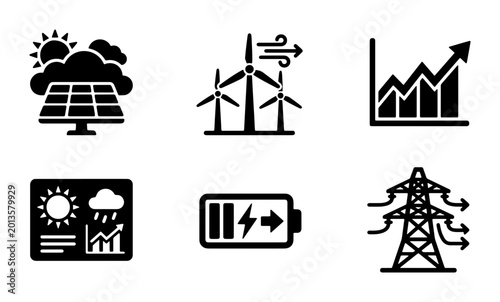 Foto Renewable Energy Icons Set: Solar Power, Wind Turbines, Battery Storage, Electri