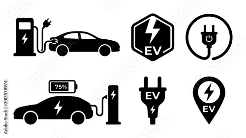 Electric Vehicle Charging Icons, EV Power Plug & Station Symbols, Clean Energy Transport Graphics