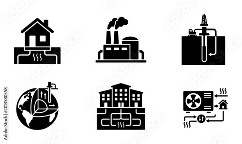 Foto Geothermal Energy Icons, Renewable Power Systems, Earth Heat Exchange, Sustainab