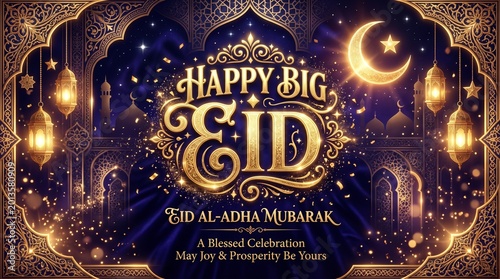 Elegant golden typography celebrates the joyous festival of Eid al Adha with glowing lanterns and intricate architectural patterns set against a deep blue festive background