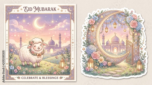 Cute sheep standing in a flower field near a mosque with a crescent moon and hanging lanterns for the celebration of the religious holiday Eid Mubarak