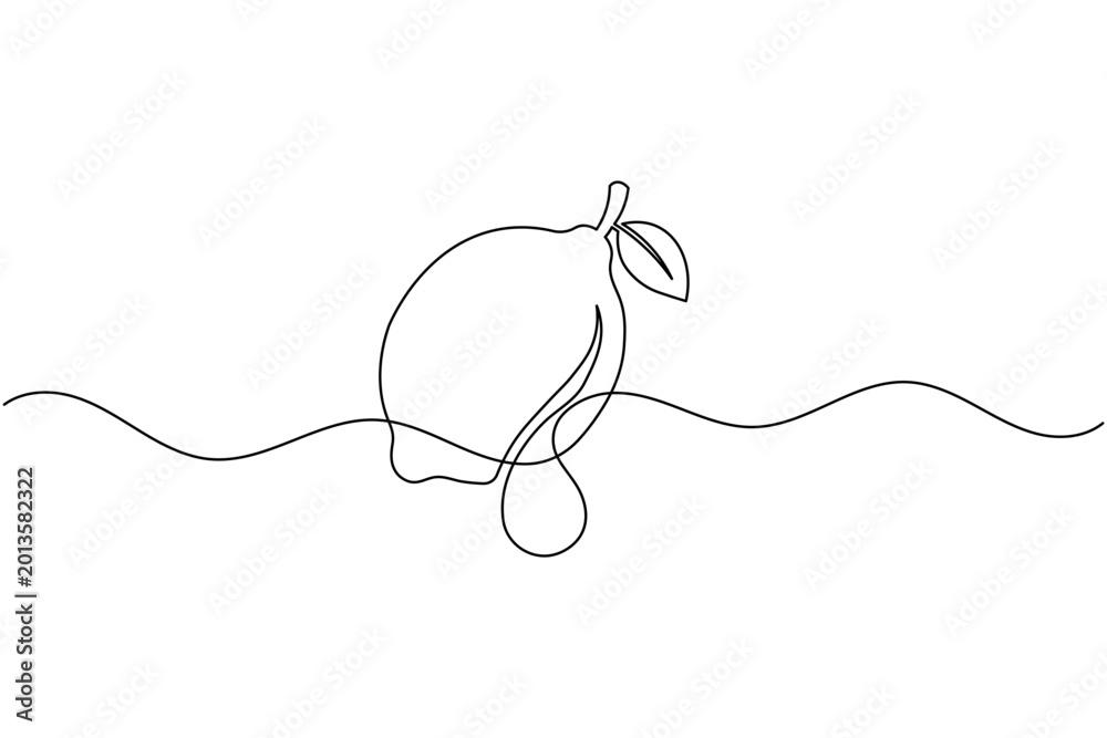 Obraz premium Lemon fruit with juice drop continuous one line drawing minimal citrus outline organic food vector illustration