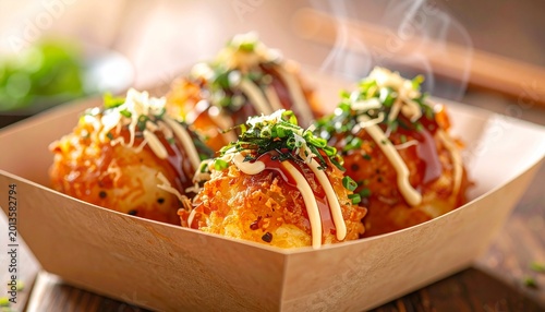 Fresh Japanese Takoyaki Octopus Balls Topped with Sauce and Herbs
