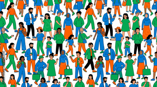 Vibrant diverse crowd illustration featuring colorful people in a seamless urban crowd pattern