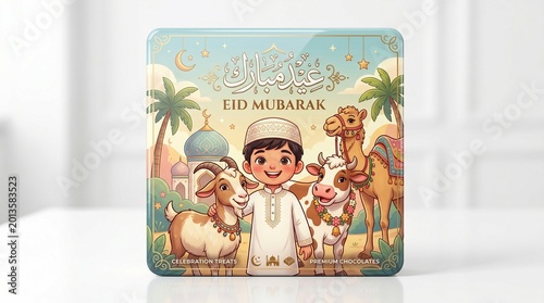 Festive square tin box featuring a smiling young boy standing alongside a friendly goat a cow and a camel to celebrate the holy holiday Eid Mubarak
