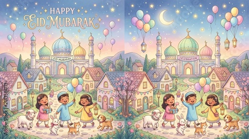 Happy children celebrating Eid Mubarak with cute animals near a beautiful mosque under a colorful starry sky in a whimsical village illustration for festive holiday joy