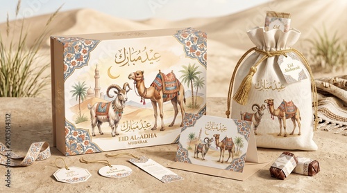 Elegant eid al adha gift set featuring a beautifully decorated box and fabric pouch adorned with traditional illustrations of a camel and a sacrificial goat