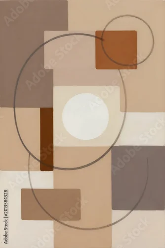 Panel kuchenny z motywem Geometric abstract composition with shapes and lines. Earth tones, circles, squares, rectangles create modern art background. Neutral palette for design.