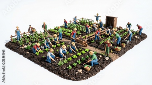 Miniature figurines of diverse farmers work together in a small fertile garden plot tending to rows of fresh green vegetables on a sunny summer day