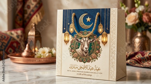 Decorative paper gift bag featuring a goat illustration with golden crescent moon and lanterns for the annual Islamic festival of Eid al Adha celebration event