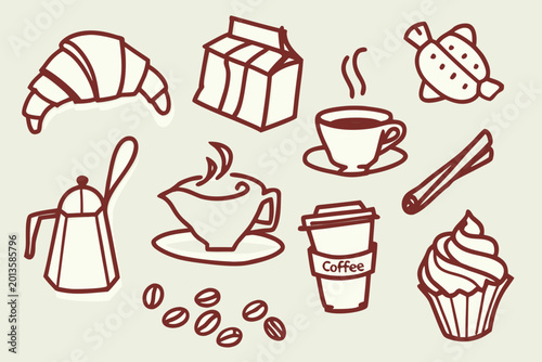 Obraz na płótnie Breakfast food sketch set loose hand drawn line art illustration
