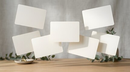 Floating white business card mockups on wooden desk