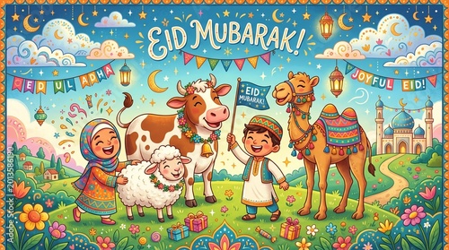 Happy children celebrating eid mubarak with a friendly cow a cute sheep and a camel in a colorful cartoon style illustration for the holiday season