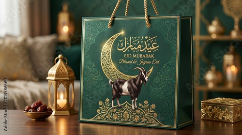 Elegant green paper gift bag featuring a golden crescent moon and a detailed goat illustration designed for the celebration of the holy festival Eid Al Adha