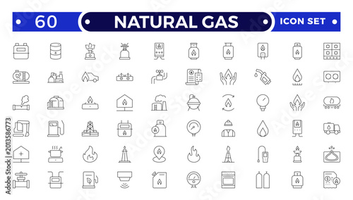 Oil and Gas Energy Icon Set with Fuel Barrel, Pipeline, Tank, Refinery, Power Plant, and Industrial Equipment Symbols for Petroleum, Transportation, Storage, and Production Outline icon Design.