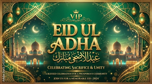 Elegant gold and green Eid ul Adha greeting card featuring intricate architectural patterns and glowing lanterns to celebrate the holy festival with joy and unity
