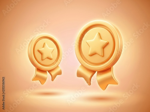 3d render of two gold award medals with stars and ribbons, glossy trophy icons for achievement, success, and excellence, isolated on a soft peach background