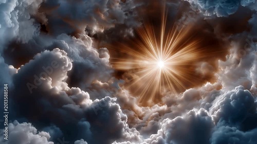Bright sun rays breaking through thick dark storm clouds in the sky. Divine light shining in heaven space. Heavenly hope concept, spiritual nature background.