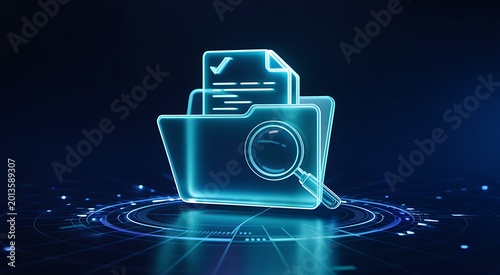 Digital document management system concept with glowing folder checklist and magnifying glass on a tech circuit board