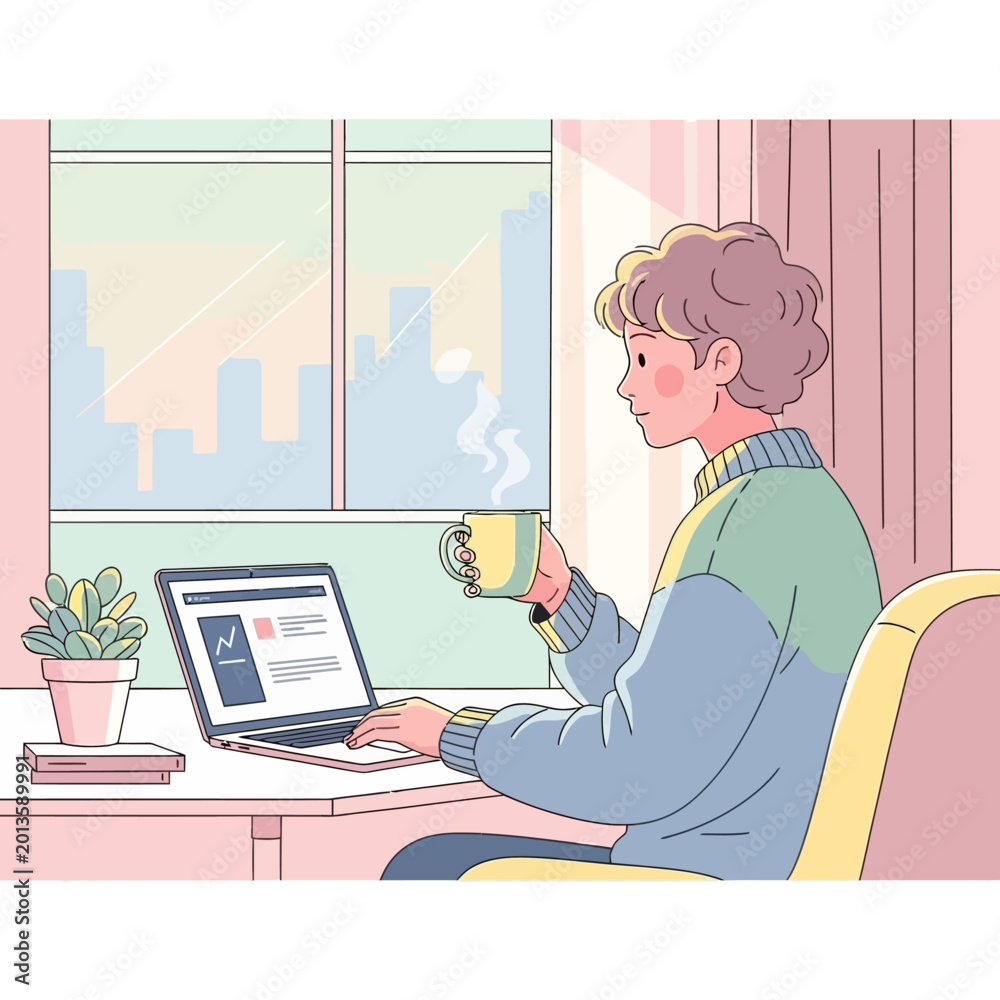 Fototapeta premium Young person working on laptop with coffee, home office, city view