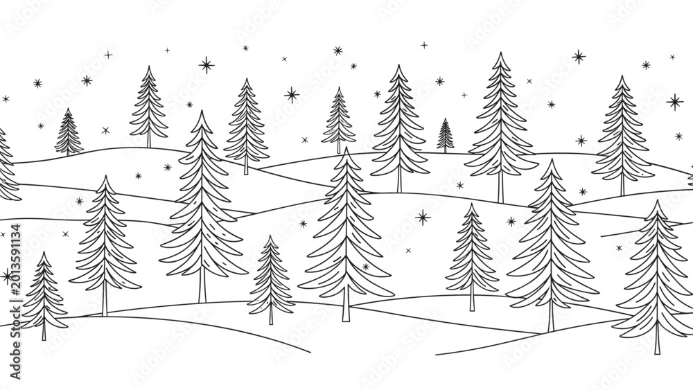 Fototapeta premium Winter landscape line art features numerous pine trees on snowy hills with stars and snowflakes in the sky for a festive atmosphere.