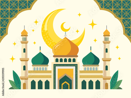 Mosque and Crescent Moon Illustration for Ramadan Kareem and Eid Mubarak.