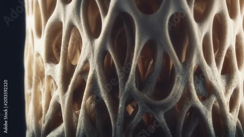 Human bone tissue portraying a close up microscopic view of its porous, spongy, and trabecular structure, representing health, skeletal anatomy, and medical science concept