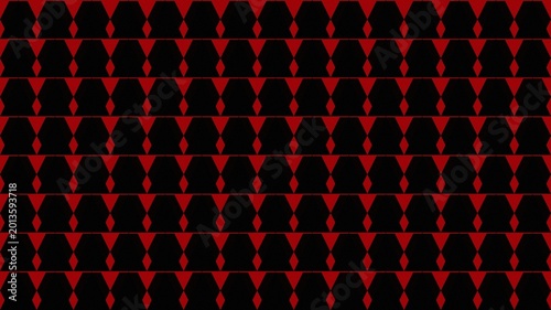A bold repeating pattern featuring alternating black and red geometric shapes creating a striking visual rhythm across the entire frame.