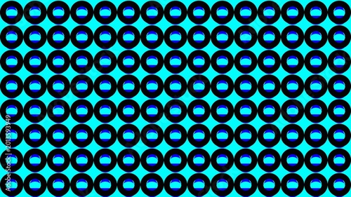 A vibrant repeating pattern featuring rows of black circles with blue and cyan centers set against a bright turquoise background creating a retro geometric aesthetic.