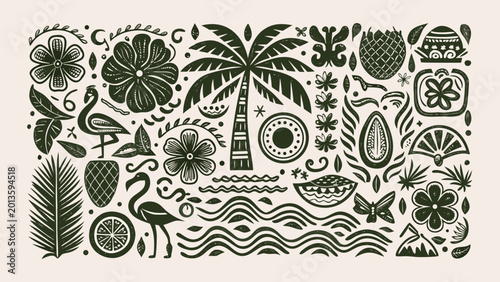tropical illustration with palm leaves flowers and birds on white