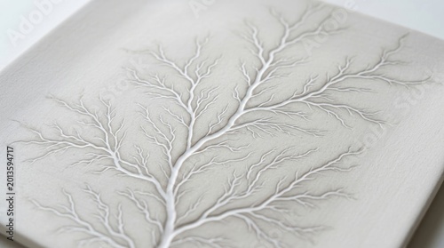 Lichtenberg figure on white ceramic tile, fractal wood burning pattern on square porcelain, elegant dendritic discharge art for interior design