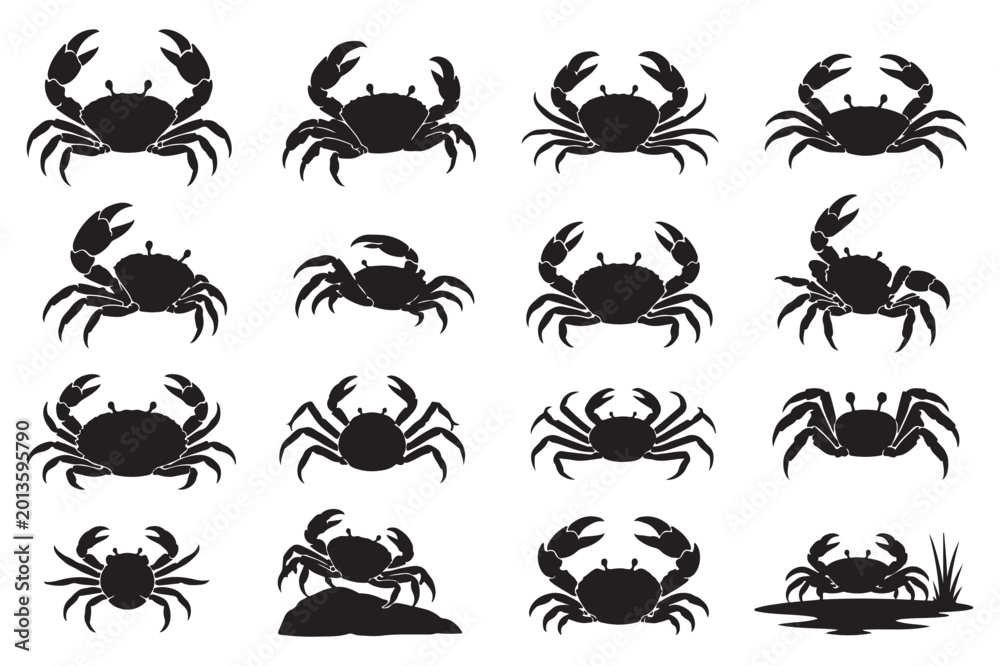 Fototapeta premium Crab Silhouette Icon Vector Collection
