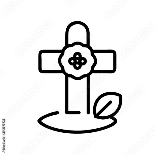 Memorial cross icon in black outline style with leaf