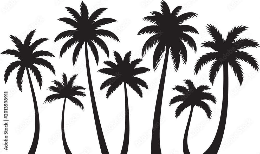 Fototapeta premium Set of palm tree silhouettes in various sizes and shapes representing tropical nature plants for beach landscape background.