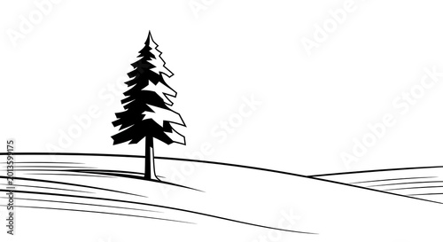 A solitary evergreen tree stands tall on a gentle, snow-dusted slope, its branches reaching towards a serene, minimalist landscape under a bright sky