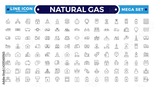 Oil and Gas Energy Icon Set with Fuel Barrel, Pipeline, Tank, Refinery, Power Plant, and Industrial Equipment Symbols for Petroleum, Transportation, Storage. Editable stroke outline icon.