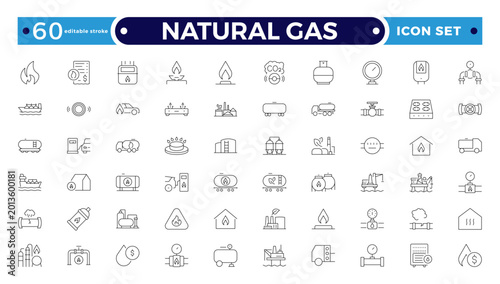 Oil and Gas Energy Icon Set with Fuel Barrel, Pipeline, Tank, Refinery, Power Plant, and Industrial Equipment Symbols for Petroleum, Transportation, Storage. Editable stroke outline icon.
